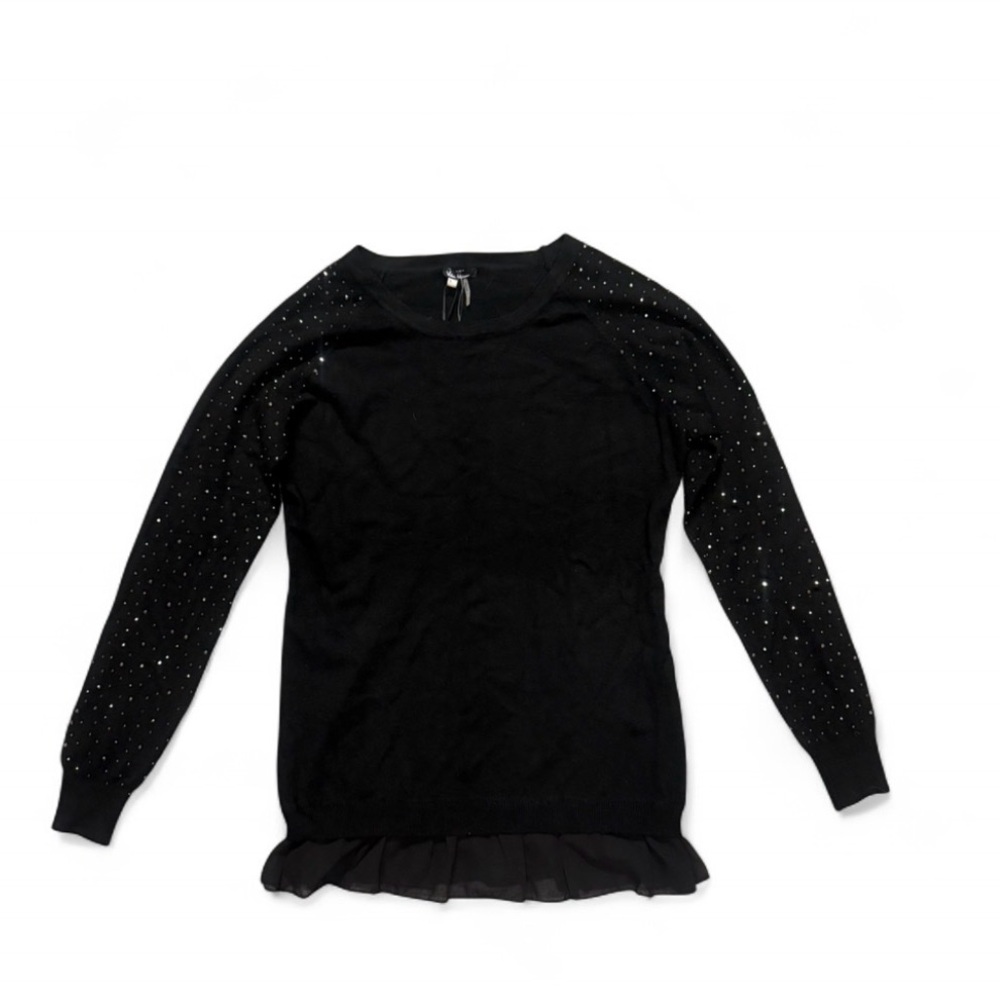 Vita Milano  Black Embellished Long-Sleeve Sweater with Rhinestone Sleeves